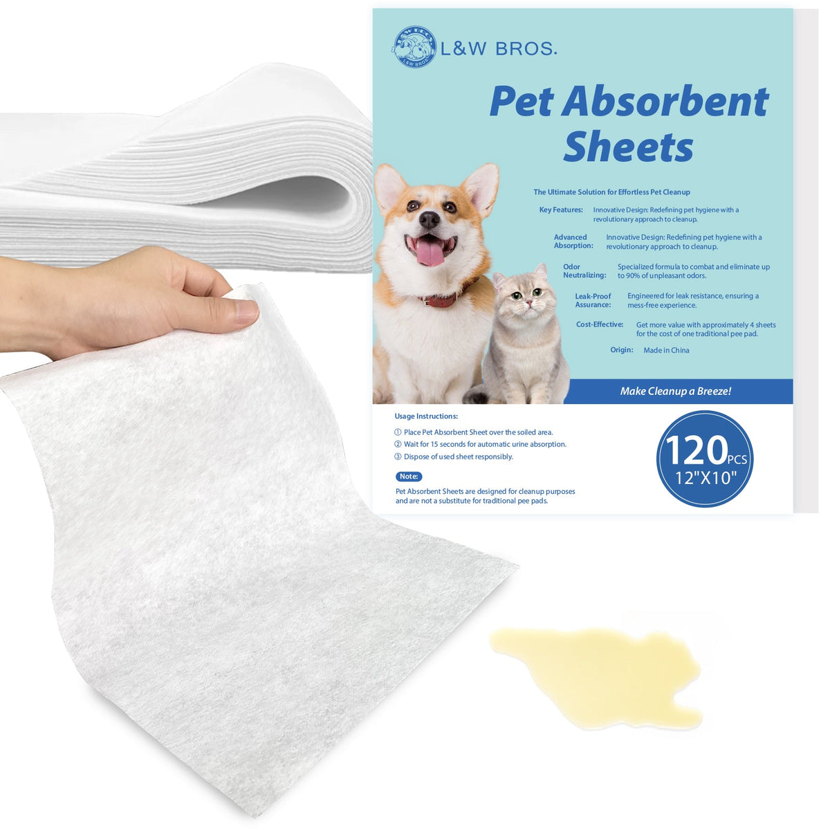 L&W BROS. Pet Absorbent Sheets, Emergency Dog Urine Cleanup Sheets for Hardwood Floors – Fast Liquid Lock & Odor Control