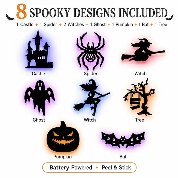 Renter-Friendly Peel & Stick Halloween LED Window Lights, No Drill No Residue, 8 Spooky Silhouette Designs
