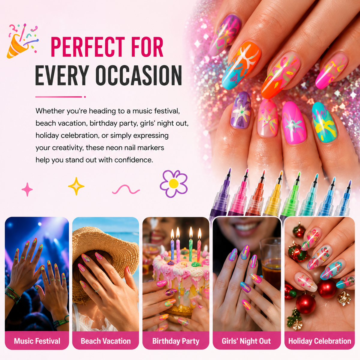 Fluorescent Nail Art Marker Set 0.5mm Fine Tip Nail Art Pens for Drawing, Dotting & DIY Nail Design