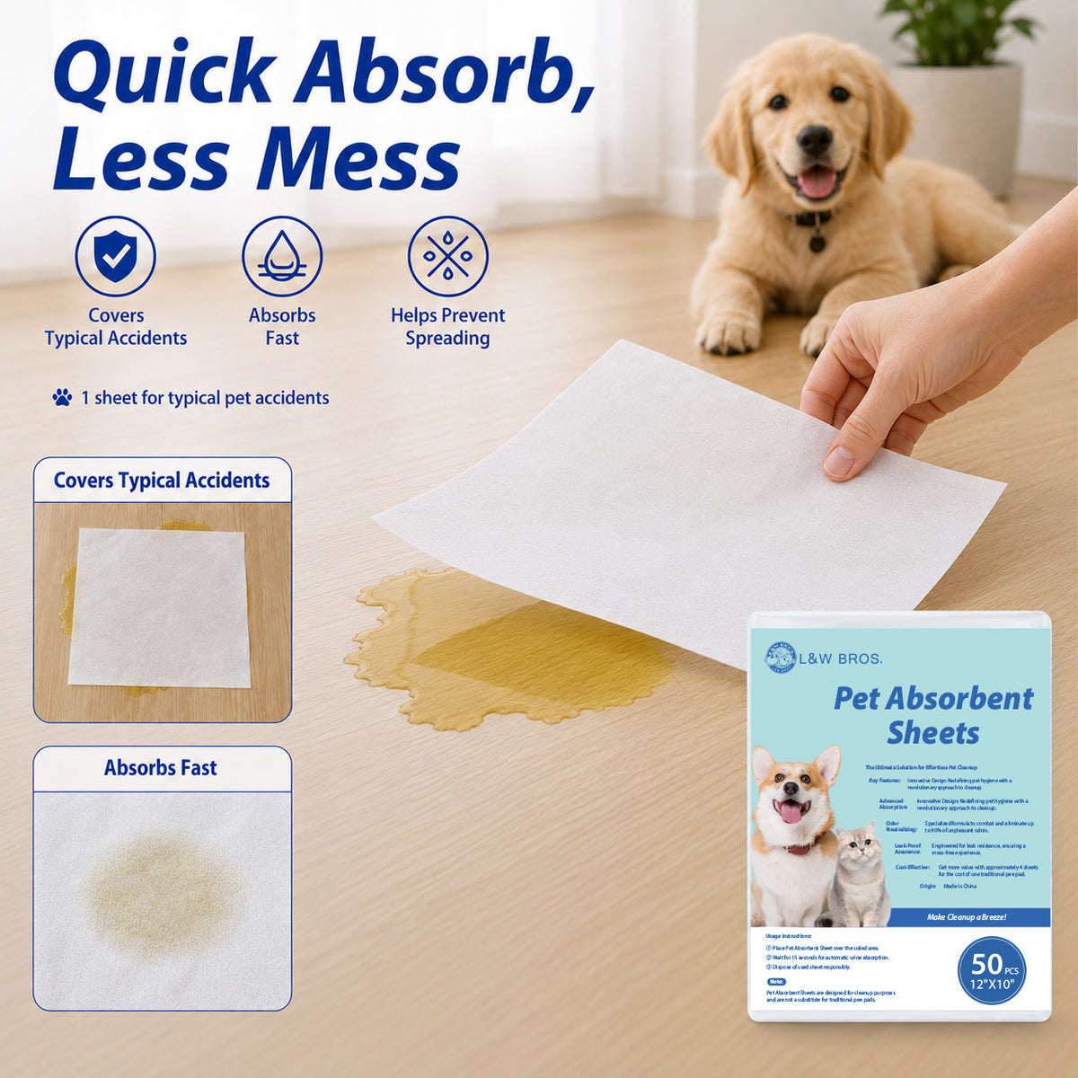 L&W BROS. Pet Absorbent Sheets, Emergency Dog Urine Cleanup Sheets for Hardwood Floors – Fast Liquid Lock & Odor Control