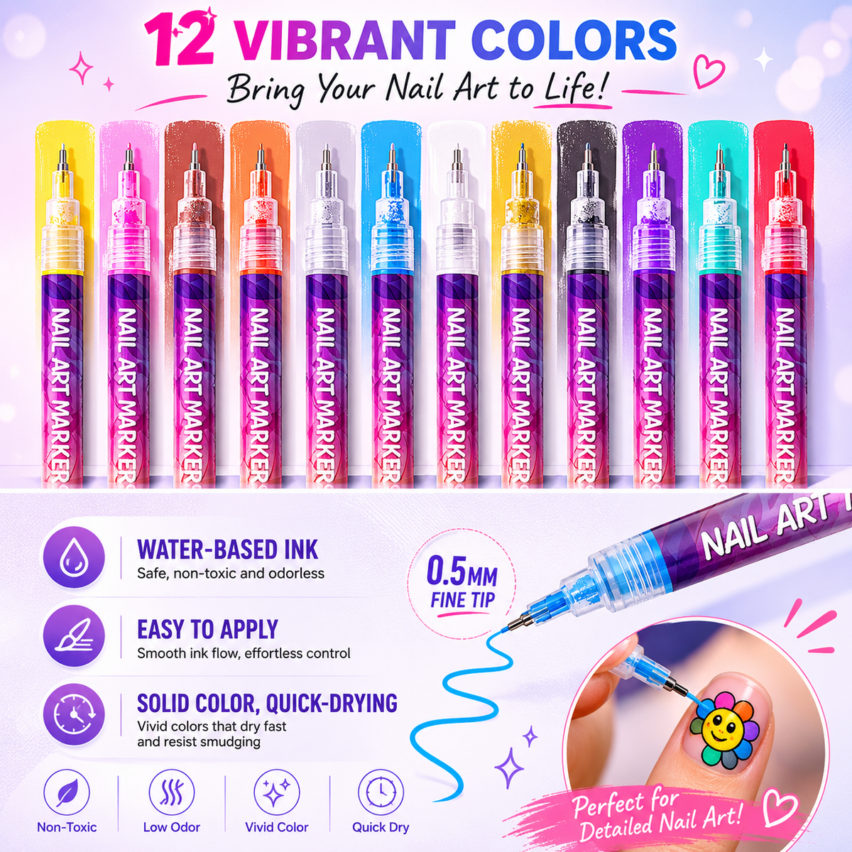 Fluorescent Nail Art Marker Set 0.5mm Fine Tip Nail Art Pens for Drawing, Dotting & DIY Nail Design