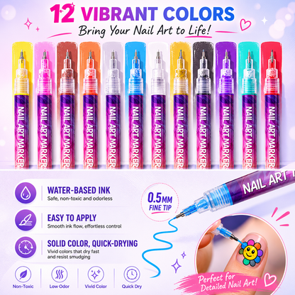 Fluorescent Nail Art Marker Set 0.5mm Fine Tip Nail Art Pens for Drawing, Dotting & DIY Nail Design