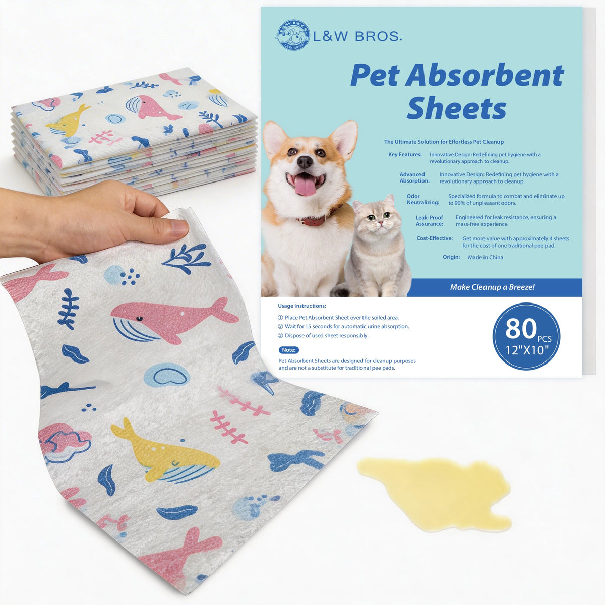 L&W BROS. Pet Absorbent Sheets, Emergency Dog Urine Cleanup Sheets for Hardwood Floors – Fast Liquid Lock & Odor Control