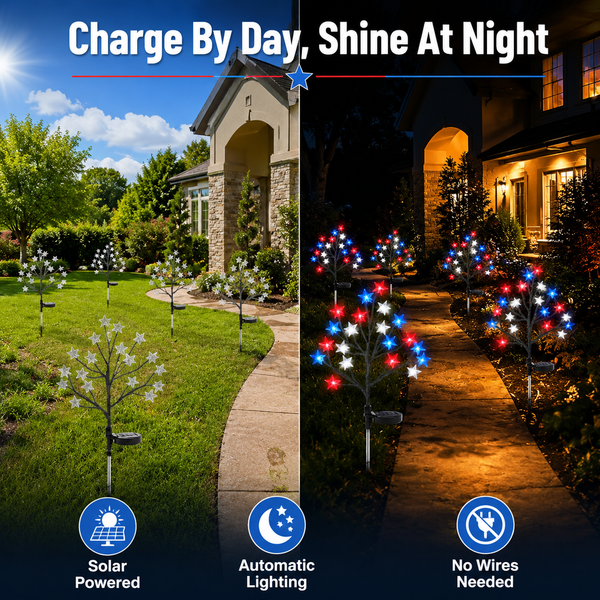 Red, White & Blue Yard Glow — Patriotic Solar Starburst Garden Lights