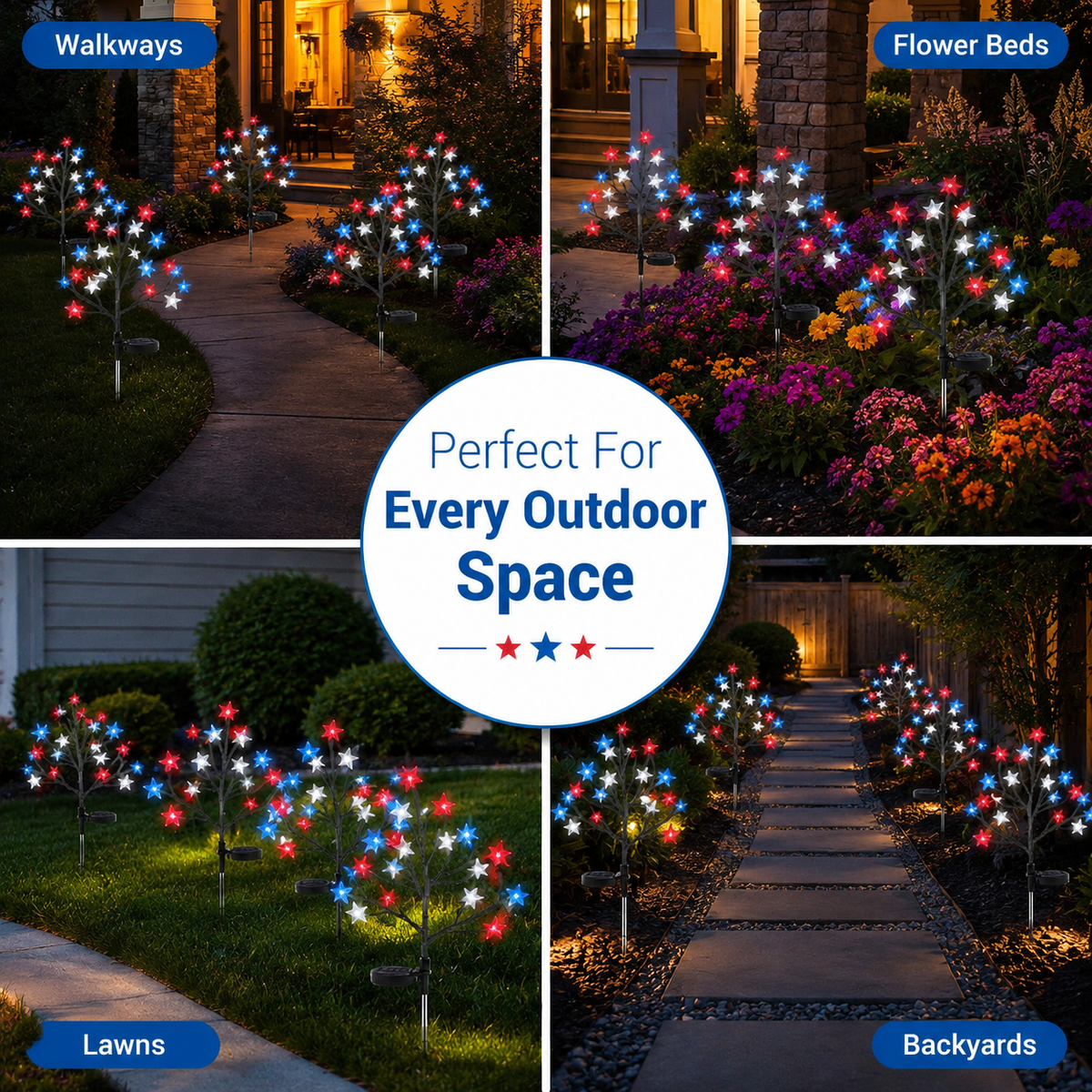 Red, White & Blue Yard Glow — Patriotic Solar Starburst Garden Lights